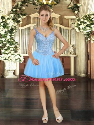 Mini Length Light Blue Prom Dress Tulle Sleeveless Beading