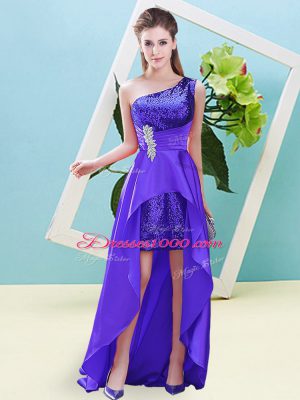 Adorable One Shoulder Sleeveless Homecoming Dress High Low Beading Purple Elastic Woven Satin and Sequined