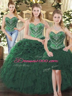 Elegant Floor Length Dark Green Sweet 16 Dresses Tulle Sleeveless Beading and Ruffles
