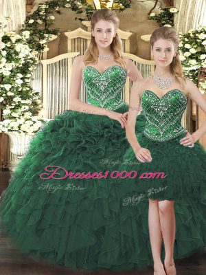 Elegant Floor Length Dark Green Sweet 16 Dresses Tulle Sleeveless Beading and Ruffles