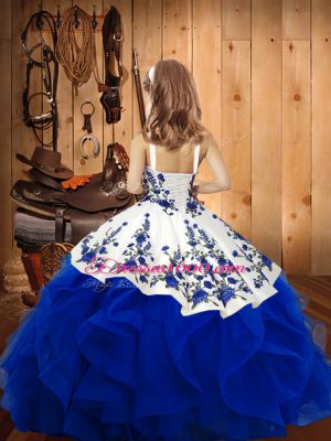 Trendy Blue Lace Up Straps Embroidery and Ruffles Kids Formal Wear Organza Sleeveless