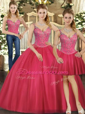 Cheap Hot Pink Sleeveless Tulle Lace Up Quinceanera Gowns for Military Ball and Sweet 16 and Quinceanera