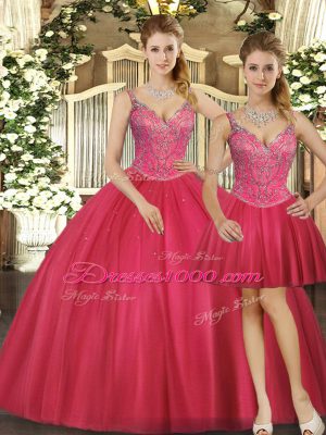 Cheap Hot Pink Sleeveless Tulle Lace Up Quinceanera Gowns for Military Ball and Sweet 16 and Quinceanera