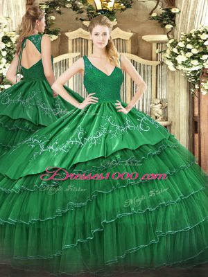 V-neck Sleeveless Quince Ball Gowns Floor Length Beading and Lace and Embroidery and Ruffled Layers Dark Green Organza and Taffeta