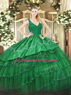 V-neck Sleeveless Quince Ball Gowns Floor Length Beading and Lace and Embroidery and Ruffled Layers Dark Green Organza and Taffeta