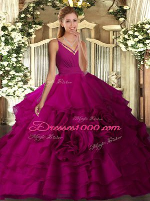 Suitable Fuchsia Quinceanera Dress Sweet 16 and Quinceanera with Ruffled Layers V-neck Sleeveless Backless