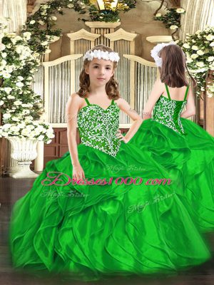 Green Organza Lace Up Pageant Dress for Womens Sleeveless Floor Length Beading and Ruffles
