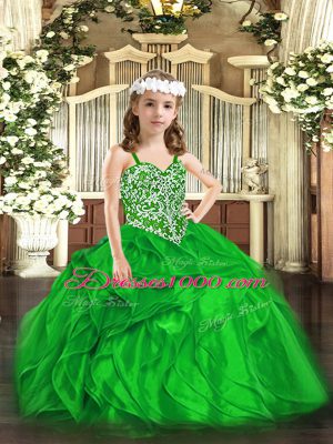 Green Organza Lace Up Pageant Dress for Womens Sleeveless Floor Length Beading and Ruffles