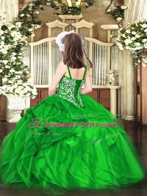 Green Organza Lace Up Pageant Dress for Womens Sleeveless Floor Length Beading and Ruffles