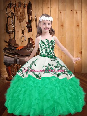 Straps Sleeveless Juniors Party Dress Floor Length Embroidery and Ruffles Turquoise Organza