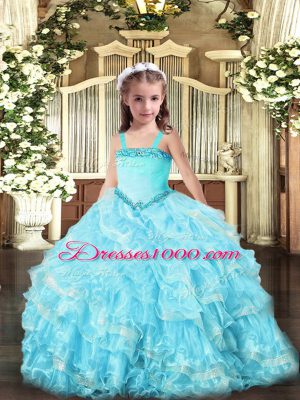 Eye-catching Light Blue Ball Gowns Organza Straps Sleeveless Appliques and Ruffled Layers Floor Length Lace Up Pageant Dress Toddler