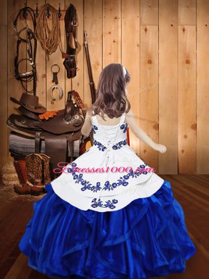 Teal Lace Up Little Girls Pageant Gowns Embroidery and Ruffles Sleeveless Floor Length