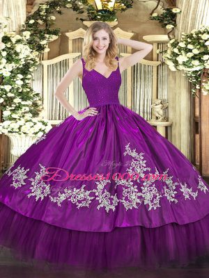 Sleeveless Zipper Floor Length Beading and Appliques Ball Gown Prom Dress