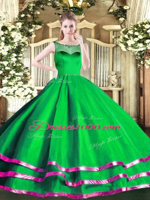 Popular Green Organza Zipper Scoop Sleeveless Floor Length Quince Ball Gowns Beading and Ruffled Layers