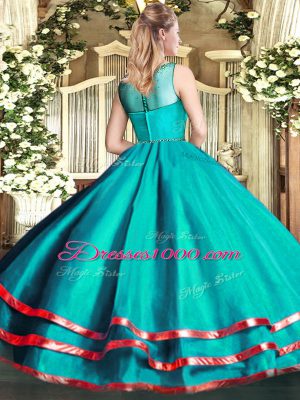 Popular Green Organza Zipper Scoop Sleeveless Floor Length Quince Ball Gowns Beading and Ruffled Layers