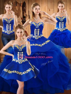 Flare Ball Gowns Ball Gown Prom Dress Blue Sweetheart Satin and Organza Sleeveless Floor Length Lace Up
