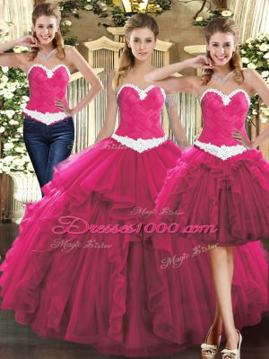 Fuchsia Ball Gowns Tulle Sweetheart Sleeveless Ruffles Floor Length Lace Up Ball Gown Prom Dress
