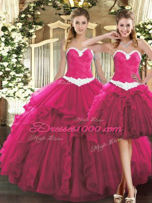 Fuchsia Ball Gowns Tulle Sweetheart Sleeveless Ruffles Floor Length Lace Up Ball Gown Prom Dress