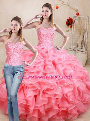Floor Length Lace Up Sweet 16 Dress Watermelon Red for Sweet 16 and Quinceanera with Beading and Ruffles