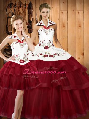 Simple Sleeveless Satin and Organza With Train Sweep Train Lace Up Sweet 16 Dresses in Wine Red with Embroidery and Ruffled Layers