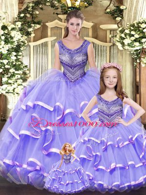 Modern Floor Length Lilac 15 Quinceanera Dress Scoop Sleeveless Lace Up