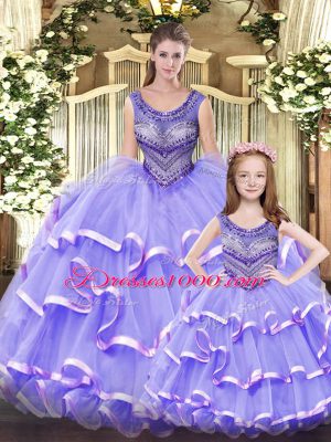 Modern Floor Length Lilac 15 Quinceanera Dress Scoop Sleeveless Lace Up