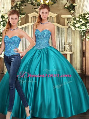 Cute Teal Lace Up Sweetheart Beading Ball Gown Prom Dress Tulle Sleeveless