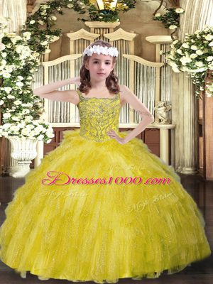 Yellow Green Ball Gowns Beading and Ruffles Little Girl Pageant Gowns Lace Up Organza Sleeveless Floor Length