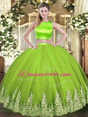 Sumptuous Yellow Green Sweet 16 Quinceanera Dress Military Ball and Sweet 16 and Quinceanera with Appliques High-neck Sleeveless Criss Cross