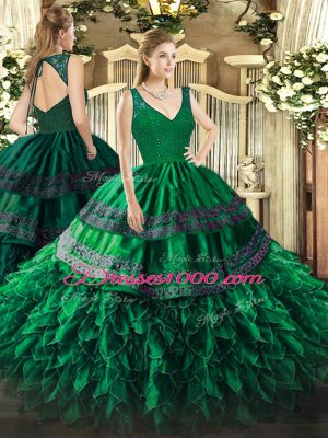 Beauteous V-neck Sleeveless Organza Ball Gown Prom Dress Beading and Ruffles Zipper