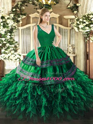 Beauteous V-neck Sleeveless Organza Ball Gown Prom Dress Beading and Ruffles Zipper