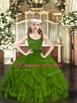 Wonderful Tulle Scoop Sleeveless Zipper Beading and Ruffles Little Girls Pageant Gowns in Olive Green