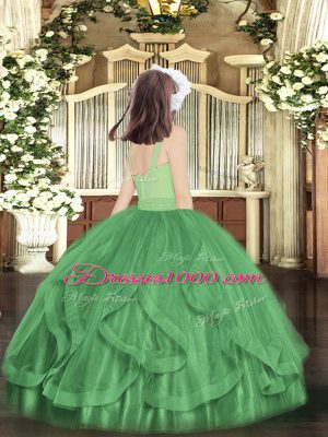 Wonderful Tulle Scoop Sleeveless Zipper Beading and Ruffles Little Girls Pageant Gowns in Olive Green