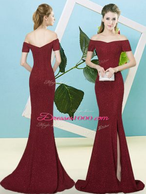Fashionable Short Sleeves Sequins Zipper Evening Dress with Burgundy Sweep Train
