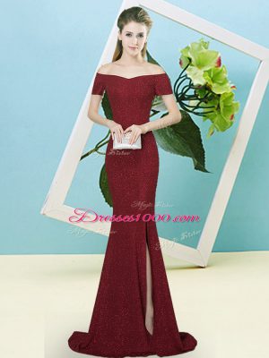 Fashionable Short Sleeves Sequins Zipper Evening Dress with Burgundy Sweep Train