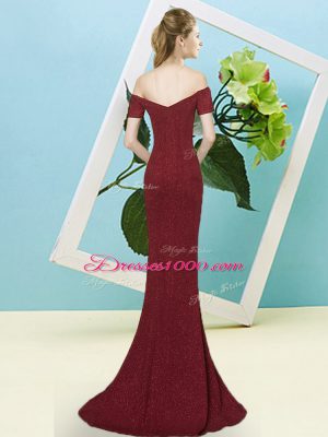 Fashionable Short Sleeves Sequins Zipper Evening Dress with Burgundy Sweep Train