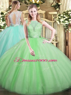 Apple Green Tulle Backless Quinceanera Gowns Sleeveless Floor Length Lace