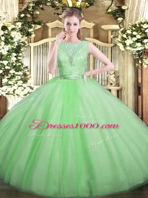 Apple Green Tulle Backless Quinceanera Gowns Sleeveless Floor Length Lace