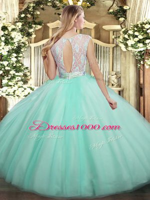 Apple Green Tulle Backless Quinceanera Gowns Sleeveless Floor Length Lace