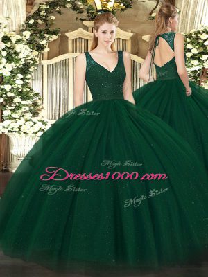 Fancy Sleeveless Floor Length Beading and Lace Backless Sweet 16 Dress with Dark Green