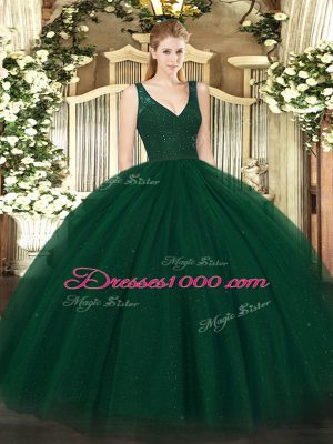 Fancy Sleeveless Floor Length Beading and Lace Backless Sweet 16 Dress with Dark Green