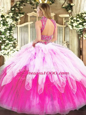 Sleeveless Backless Floor Length Beading and Ruffles Quinceanera Gowns