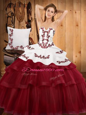 Fancy Burgundy Ball Gowns Embroidery and Ruffled Layers 15 Quinceanera Dress Lace Up Tulle Sleeveless
