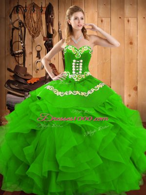 Attractive Green Ball Gowns Sweetheart Sleeveless Satin and Organza Floor Length Lace Up Embroidery and Ruffles Quinceanera Gown
