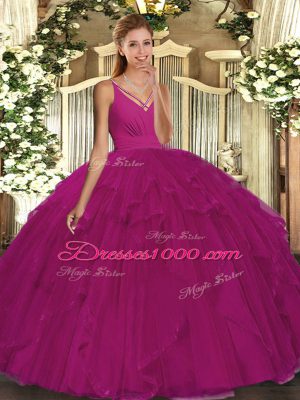 Fuchsia Quinceanera Dresses Military Ball and Sweet 16 and Quinceanera with Ruffles V-neck Sleeveless Backless