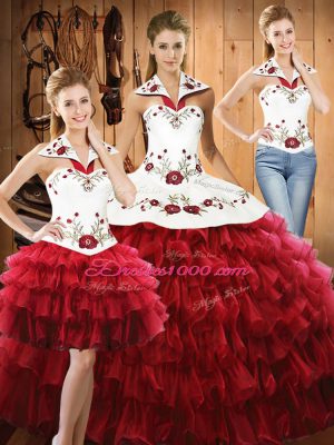 Wine Red Sleeveless Embroidery and Ruffled Layers Floor Length 15th Birthday Dress