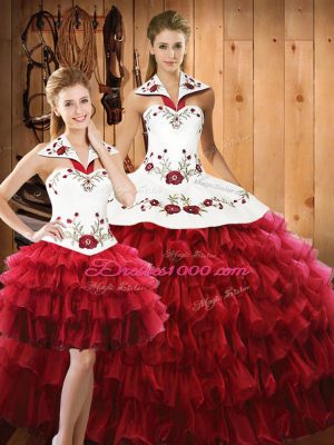 Wine Red Sleeveless Embroidery and Ruffled Layers Floor Length 15th Birthday Dress