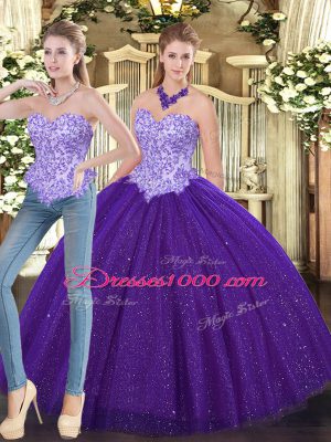 Affordable Beading Sweet 16 Quinceanera Dress Purple Lace Up Sleeveless Floor Length