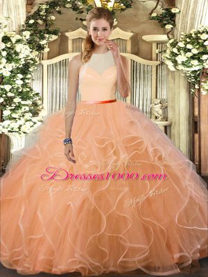 Ruffles Quinceanera Dress Peach Backless Sleeveless Floor Length