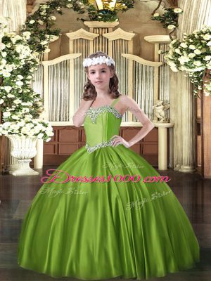 Top Selling Olive Green Ball Gowns Beading Pageant Dress for Girls Lace Up Satin Sleeveless Floor Length